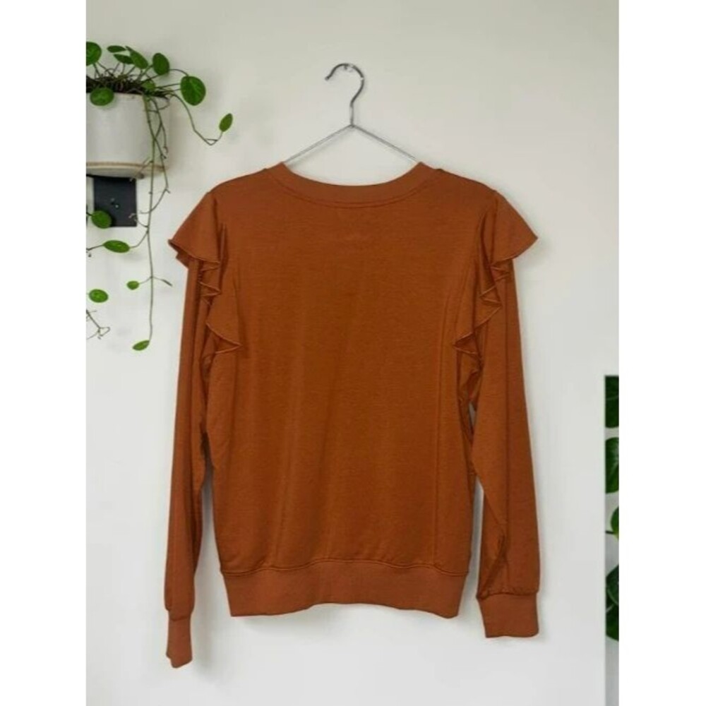 The Drop Women’s Rust Brown Ruffle Shoulder Sweatshirt Size Small - Picture 2 of 2